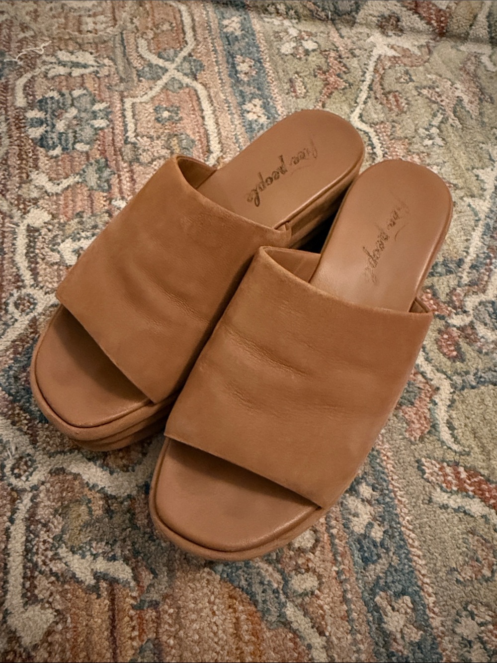 Free People Harbor Flatform Sandals Tan Leather Slide Mules